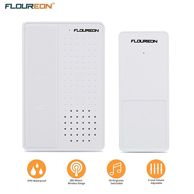 FLOUREON Wireless Doorbell Kit Digital Voice Message Wireless Chime kit with Up to 1000FT Operating Range, LED Indicator, Multiple Chimes, Volume Adjustable for Home, Office, Apartment（White）