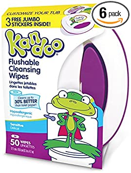 Flushable Baby Wipes and Refillable Container for Kids by Kandoo, Hypoallergenic Potty Training Cleansing Cloths for Sensitive Skin, Unscented, 50 ct Wipes and Refillable Plastic Tub, Pack of 6