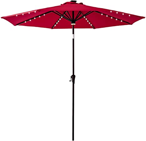 FLAME&SHADE 11 ft Solar LED Light Outdoor Umbrella Patio Table and Market Umbrella with Push Button Tilt, Red