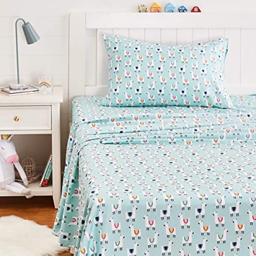 AmazonBasics Kids Llama Party Soft, Easy-Wash Microfiber Sheet Set - Twin, Teal Blue Llamas