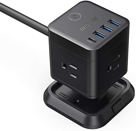 BESTEK Power Strip with USB, Vertical Cube Mountable Power Outlet Extender with 3 Outlets, 3 USB & 1 Type-C Ports, 5-Foot Extension Cord and Detachable Base for Easy Mounting (Black)