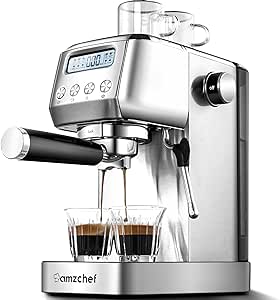 AMZCHEF 20 Bar Espresso Machines with LCD Panel, Espresso Maker with Steam Milk Frother, Latte and Cappuccino Machine, All In One Coffee Machine for Home and Office with 1.3L Water Tank, 2 Filters