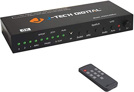 J-Tech Digital HDMI Audio Extractor 4K@60Hz 4:4:4 3X1 Switcher SPDIF   L/R RCA Outputs with ARC Auto Switch EDID HDMI 2.0, 18Gbps, HDCP 2.2, Dolby Passthrough CEC, HDR10, Dolby Vision [JTECH-SWE31]