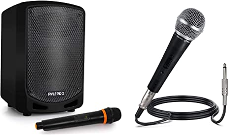 Pyle Bluetooth Karaoke PA Speaker, Black & Professional Dynamic Vocal Microphone - Moving Coil Dynamic Cardioid Unidirectional Handheld Microphone with ON/Off Switch