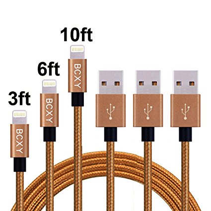 BCXY 3Pcs 3ft/6ft/10ft Nylon Braided 8pin Charging Cables USB Charger Cord,Lightning To USB Charger Cable,8 Pin Lightning To USB Data Cord For IPhone 7/7 Plus,6/6Plus/6S,5/5S,iPad iOS Devices (Coffee)