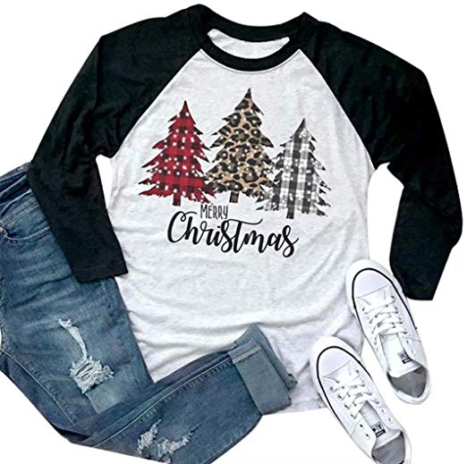 Merry Christmas T-Shirt Women Leopard Plaid Christmas Tree Shirt 3/4 Raglan Sleeve Baseball Tee