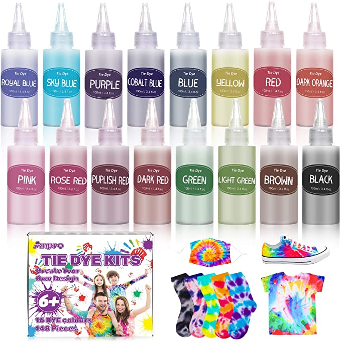 Anpro Tie Dye Kit,148 pcs (100ml/bottle) Tie Dye Party Kit for Kids, Adults, and Groups- 16 Kinds of Bright Fabric Dye, Tie Dye Party Supplies Suitable for Children and Adults