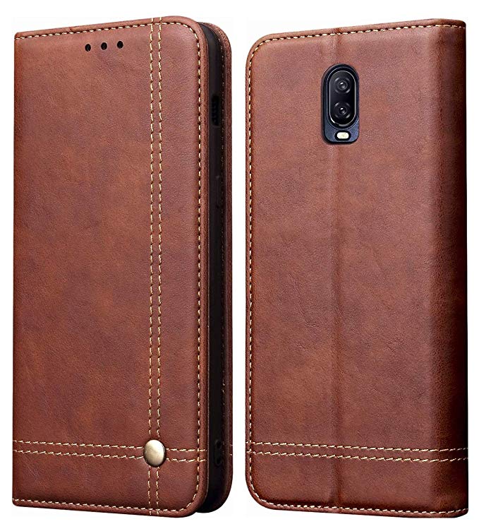 Pirum Magnetic Flip Cover for One Plus 6T / Oneplus 6T Leather Case Wallet Slim Book Cover with Card Slots Cash Pocket Stand Holder - Brown