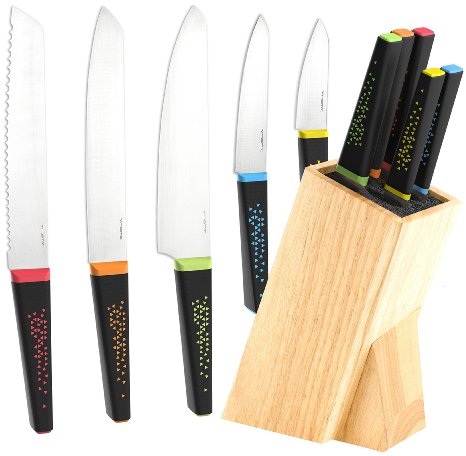 Vremi 5 Piece Chef Knife Set with Block; includes Paring, Utility, Bread, Carving and Chef's Knife; Stainless Steel Blades and Black Multicolor Handles