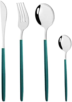 Gugrida Silverware Set - 18/10 Stainless Steel Reusable Utensils Flatware Set, Mirror Cutlery Flatware Set, Great for Family Gatherings & Daily Use (Service For 6, Green Silver)