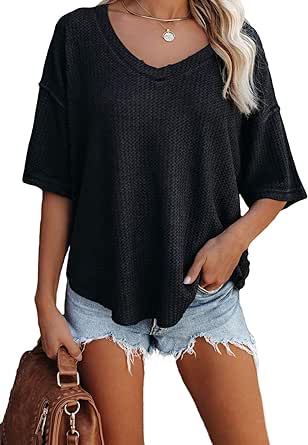 Dokotoo Women's Causual V Neck Short Sleeve Shirts Waffle Knit Loose Tunic Tops Blouses