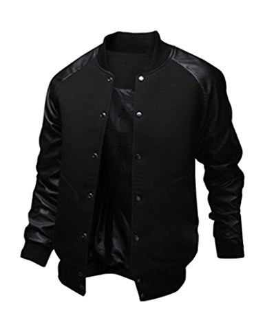 Men's Baseball Bomber College Jacket Slim Fit Coat Faux Leather Sleeve Outwear Overcoat