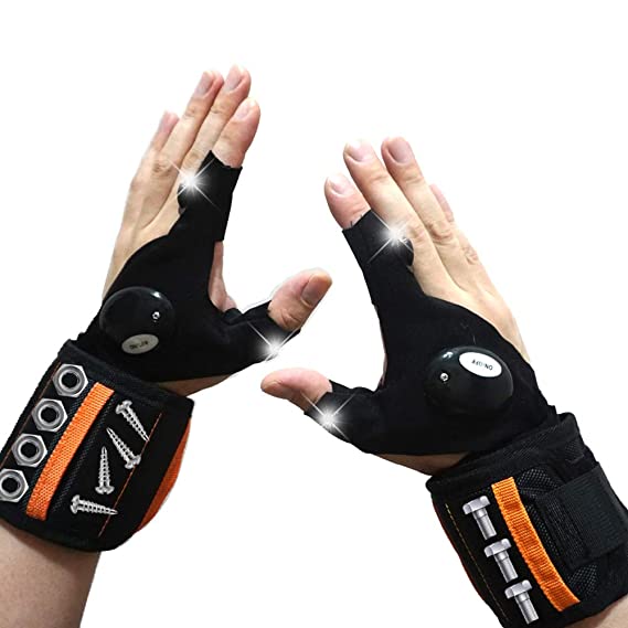 AomeTech Fingerless LED Flashlight Gloves, Adjustable Magnetic Wristband with 15 Strong Magnets for Darkness Places, Fishing, Camping, Hiking, Holding Screws, Drill, Bits, DIY
