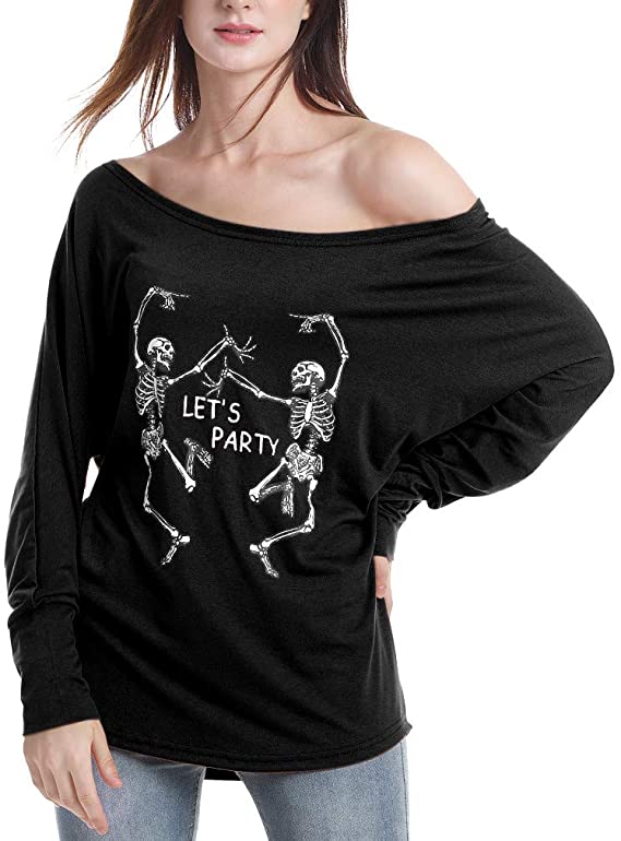Csbks Women's Fun Skeleton Party Off Shoulder Batwing Sleeve T-Shirt Short-Sleeve Casual Tee Tops