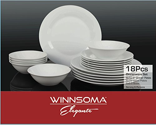 Winnsoma Elegante 18-Piece White Porcelain Dinnerware Set, Service For 6. Complete Set With 6 Dinner Plates, 6 Side Plates And 6 Small Bowls