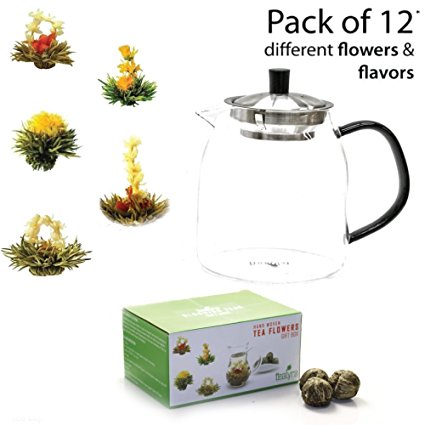 Flowering Tea Gift Set, 800ml Glass Teapot with 12 Blooming Teas Gift Box