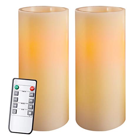 Homemory 9" Amber Yellow Light Flameless Candles Battery Operated LED Pillar Real Wax Flickering Unscented Candles with Timer and 10-Key Remote, Set of 2, for Gifts and Decorations