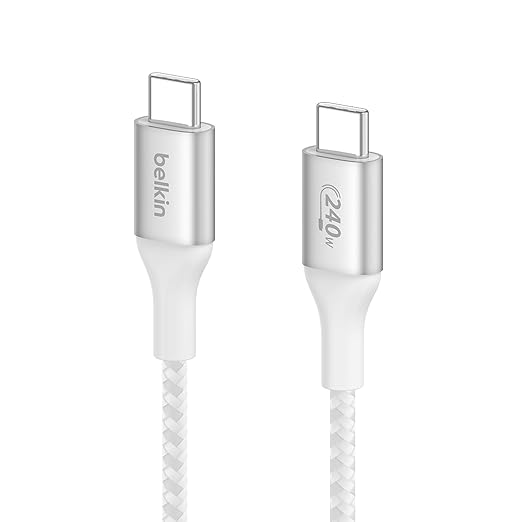 Belkin USB-C to USB-C Braided 6.6 feet (2 meters) 240W PD, Fast Charge and Sync Type C Cable for iPhone 15 Series, Macbook, USB-C Laptops, other USB-C Devices, USB-IF certified – White