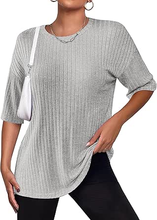 Zeagoo Women's Oversized T Shirts Ribbed Knit Short Sleeve Crewneck Casual Comfy Tunic Tops S-2XL