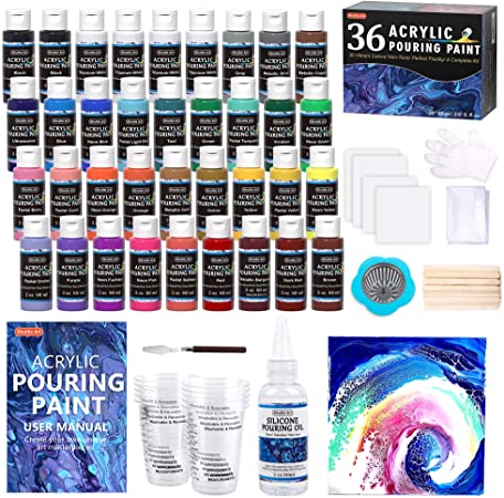 Acrylic Pouring Paint, Shuttle Art Set of 36 Bottles (2 oz/60ml) Pre-Mixed High-Flow Acrylic Paint Pouring Supplies with Canvas, Silicone Oil, Measuring Cups, Tablecloths, Complete Paint Pouring Kit