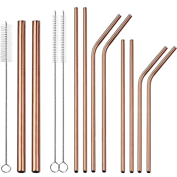 JOYECO 10 Pcs Metal Reusable Straws Stainless Steel Drinking Sucker Full Variety, Multi Size with Carry Bag Brushes for 20 30oz Tumblers, Boba, Smoothies, Rose Copper