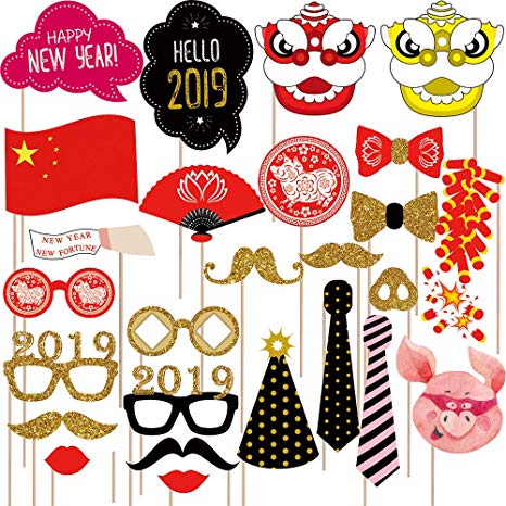 Supla 26 Pack Chinese New Year Photo Booth Props Kit 2019 Year of the Pig Photobooth Props Fun Asian Photo Props for Lunar New Year Spring Festival Birthday Wedding Chinese Party Decor