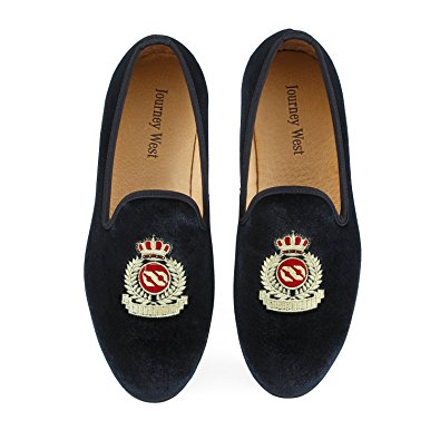 Journey West Men's Vintage Velvet Embroidery Noble Loafer Shoes Slip-On Loafer Smoking Slipper Black/Red/Blue