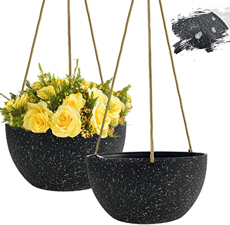 Hanging Plant Pot Basket 10 inch Hanging Planters for Outdoor Indoor Plants Breathable Planter Plastic Flower Pot with Drainage Hole, Black, 2 Packs