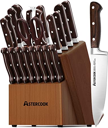 Knife Set, 21 Pcs Kitchen Knife Set With Block, Astercook German Stainless Steel Knife With Scissors, Knife Sharpener and 8 Serrated Steak Knives