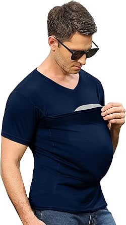 Mens Baby Carrier Shirt V Neck Short Sleeve T-Shirts for Men Skin to Skin T-Shirt with Pocket