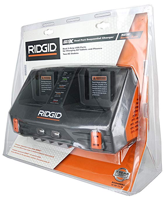 Ridgid AC840094 Gen5X Dual Port 18V Lithium Ion and NiCad Battery Charger with Pass-Through AC Ports and USB Charging (Batteries Not Included, Charger Only)