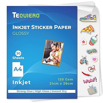 TeQuiero 30 Glossy Inkjet Sticker Photo Paper a4 size Self Adhesive Photo Sheets 120 GSM - 30 Sheets