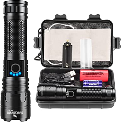 Shadowhawk Torches LED Super Bright, Rechargeable LED Torch P70 6000 Lumens Powerful Military Tactical Flashlight Rechargeable Battery Torch for Camping Hiking