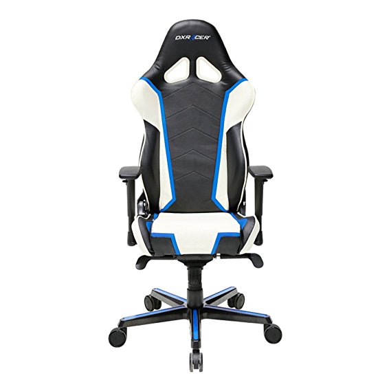 Premium DXRacer Racing Bucket Gaming Chair – Ergonomic & Comfortable – Desk & Executive PVC Chair With Padded Pillows – Color: Black/White/Blue– Series: Racing DOH/RH110/NWB Newedge Edition