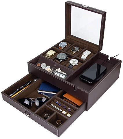HOUNDSBAY Commander Dresser Valet Watch Box Case & Mens Jewelry Box Organizer with Smartphone Charging Station (Brown/Brown)