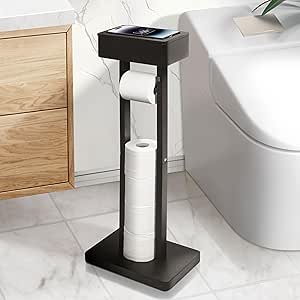 Black Standing Toilet Paper Holder with Storage - Regular Toilet Paper Roll Holders Freestanding - Bathroom Stand with Top Shelf - Bath Tissue Accessories Organizer - Spare 3 to 5 Rolls