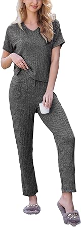 CUPSHE Ribbed Pajamas Sets for Women V Neck Nightwear Short Sleeve Loungewear Loose Pj Long Set