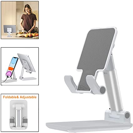 Cell Phone Stand, LeYi Foldable Portable Desktop Stand Adjustable Height and Angle Phone Holder for Desk, Sturdy Aluminum Metal Cradle Compatible with Smartphone/iPad/Kindle/Tablet, White