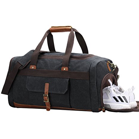 S-ZONE Vintage Canvas Geniune Leather Trim Travel Tote Duffel Bag with Shoes Pouch