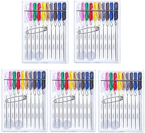 Pre-Threaded Needle Kit, 5 Boxes 40 Pieces Assorted Colors Pre Threaded Needle Travel Sewing Kit with Pin Button