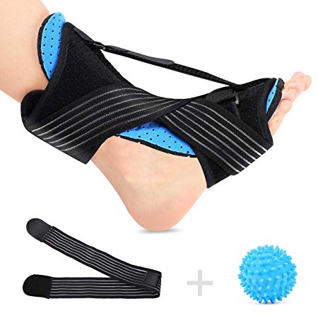 Comfortable Plantar Fasciitis Night Splint, Achilles Tendon Support for Foot Brace, Upgrade Adjustable Elastic Dorsal and Bare Heel Design, Effective Relief Foot Pain with Massage Ball