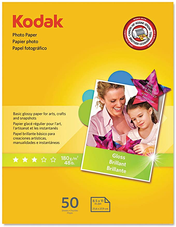 KODAK Photo Paper Gloss 8.5"x11", 50 count, 48lb-180g/m2 weight, 6.5 mil thickness (41162 - 1213719)…