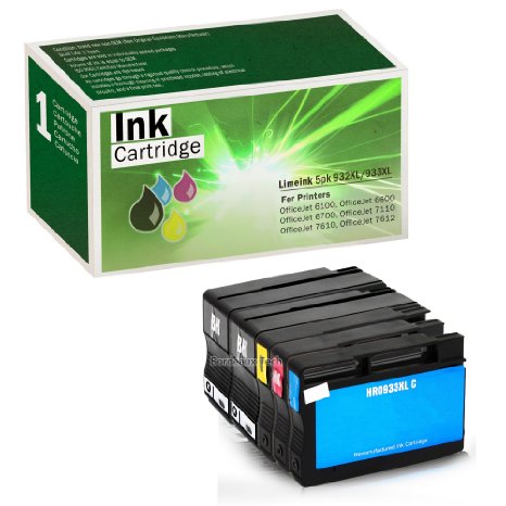 Limeink 5 Pack Remanufactured 932XL 933XL High Yield Ink Cartridges (2 Black, 1 Cyan, 1 Magenta, 1 Yellow) For HP Officejet 6100 6600 6700 7100 7110 7610 7612 Printers