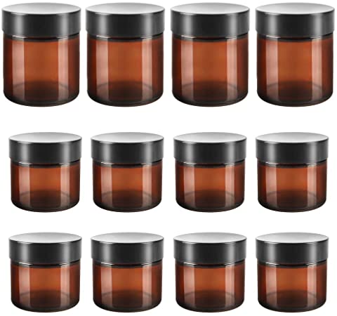 12 pack 2 oz & 4 oz Empty Amber Glass Cosmetics Jars bottles with White Inner Liners and black Lids.Glass Round Jars Prefect for Cosmetics and Face cream Lotion.