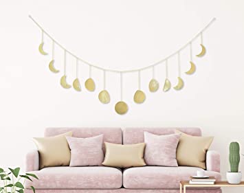 My Urban Crafts 70 Inch Moon Phase Wall Hanging Celestial Moon Cycle Banner Wall Art Moon Decor Boho Accents for Bohemian Room Headboard Apartment Dorm Nursery Living Room Bedroom (Gold Metal)