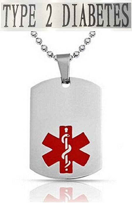 Diabetes Medical Alert Engraved Dog Tag With 22" Chain - All Stainless Steel