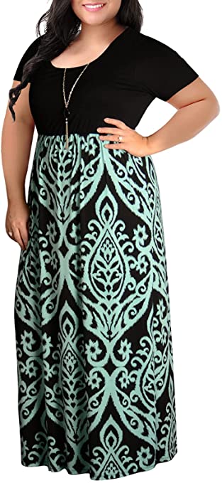 Nemidor Women's Chevron Print Summer Short Sleeve Plus Size Casual Maxi Dress