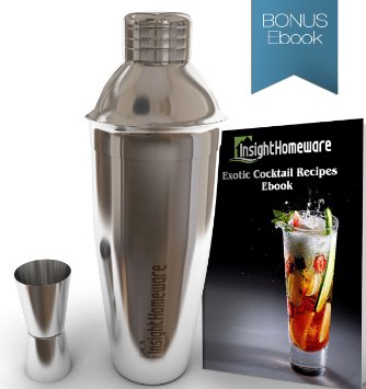 Premium Cocktail Shaker with Built-in Strainer (25 Oz) | Quality Stainless Steel Bartending Kit - Free Double Jigger (1 & 1/2 Oz) and Recipes Ebook