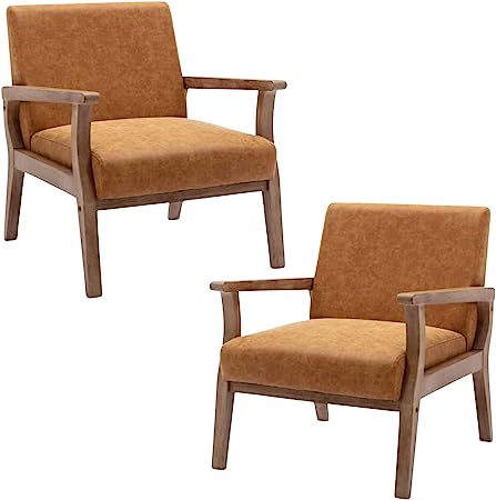 CIMOO Faux Leather Recliner Chair Set of 2 Mid Century Modern Accent Chair Comfy Fabric Armchair Indoor Corner Chair with Wood Frame for Bedroom Living Room Sitting, Vintage Tan