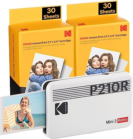 KODAK Mini 2 Retro 4PASS Portable Photo Printer (2.1x3.4 inches)   68 Sheets Bundle, White